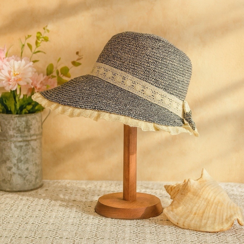 country paper straw hat womens wide brim bow beachy cottage garden‎ lace black